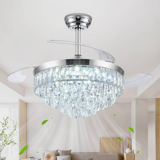 48 Inch Chandelier Ceiling Fan with Lights, Retractable Fan with Remote and APP, Crystal Fandelier Ceiling Fan, Dimmable LED, Reversible Motor, Quiet for Bedroom Living Room-Chrome
