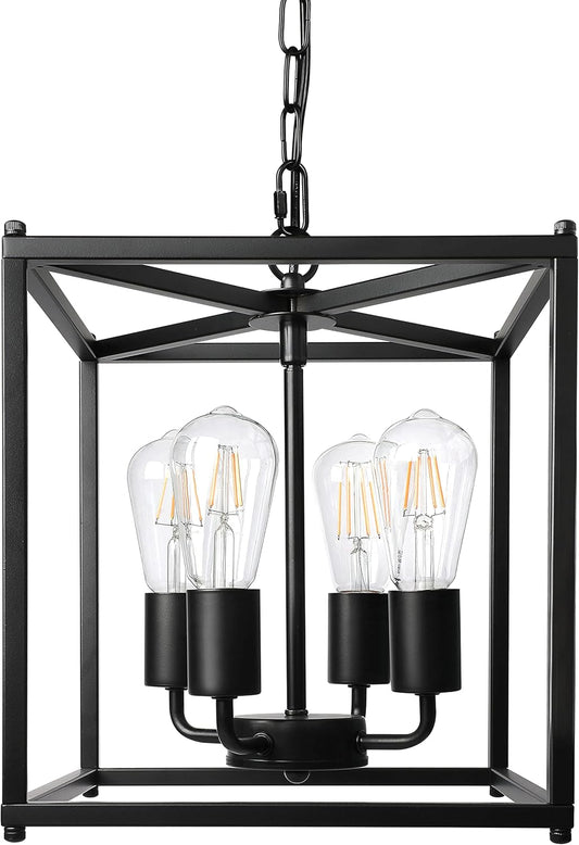 Unicozin 4-Light Black Farmhouse Chandelier, Iron Lantern Pendant Light Rustic Cage Adjustable Height, E26 Base Industrial Hanging Lights for Kitchen Island Dining Room Hallway Foyer Entryway