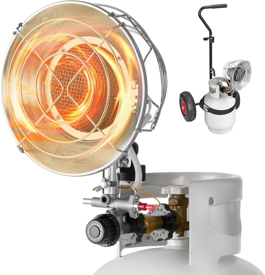 VEVOR Propane Tank Top Heater with Portable Trolley, 15000 BTU Rapid Heating 180-Degree Infrared Radiant Tank Top Gas Heater for 20-40lb Propane Tanks, for Ice Fishing\/Hunting\/Outdoor Single Burner