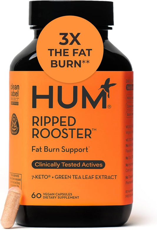 HUM Ripped Rooster Natural Green Tea Extract Capsules with Chromium, 7 Keto DHEA, Gluten Free Vegan Green Tea Supplement to Support Cravings, Healthy Diet & Management, 60 Count
