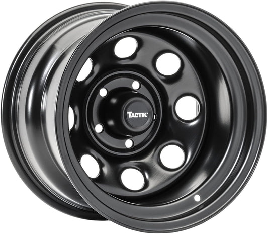 TACTIK Circle 8 Classic 15 Inch Solid Steel Wheel, Black - 15x10, 5x4.5 Bolt Pattern (-38.1mm Offset), 4" Backspace - Fits Jeep 1984-2006 Wrangler, Wagoneer, Comanche, Grand Cherokee TJ YJ MJ ZJ XJ LJ