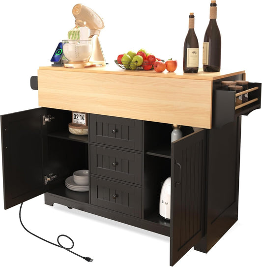 SOFTSEA Rolling Kitchen Cart with 3 Drawers and Power Outlet, Kitchen Island on 5 Wheels with 2 Drop Leaf, Folding Storage Dining Table with Spice Rack & Towel Rack for Living Room, Black