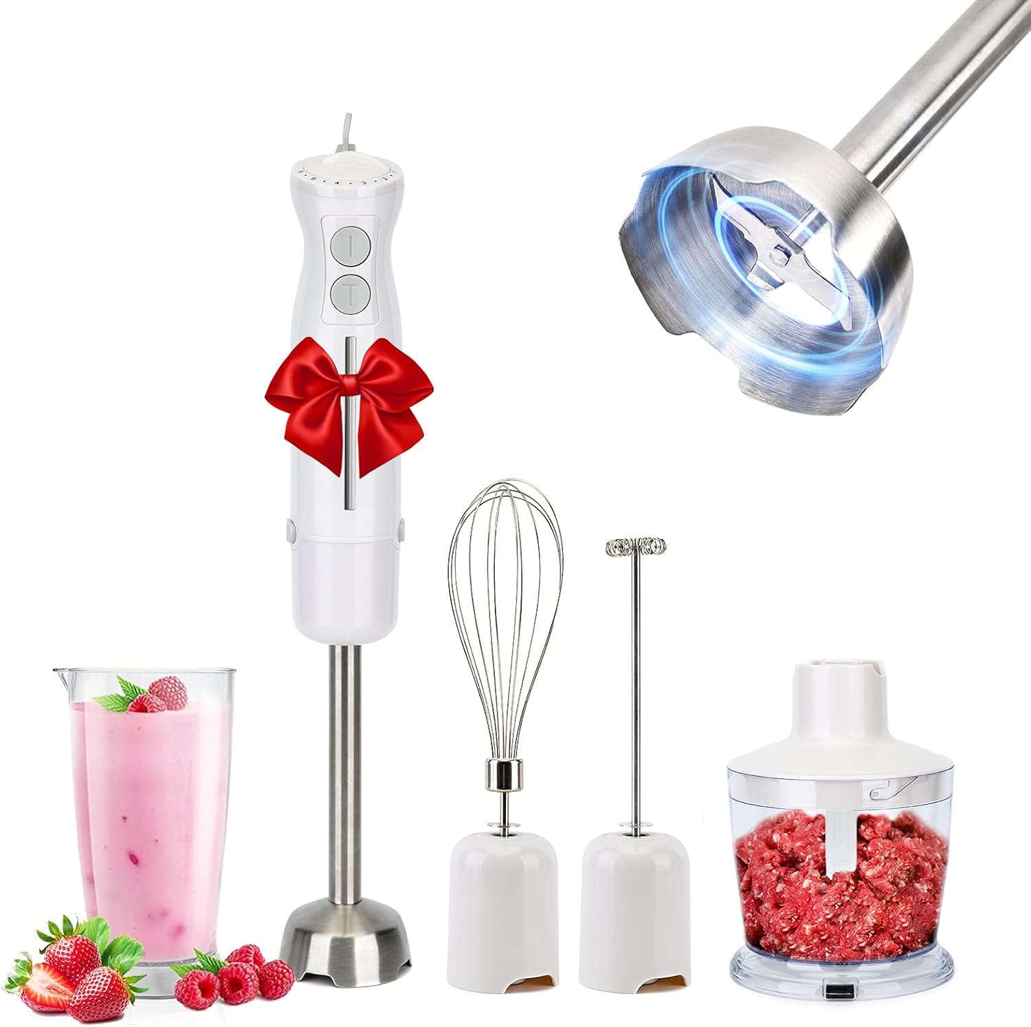 Handheld Blender 5-in-1 Multi-Function Stick Mixer 600w 10 Speed - Perfect for Food Whipping, Milk & Egg Mixing - Mortar, Beaker & Measuring Cup Included