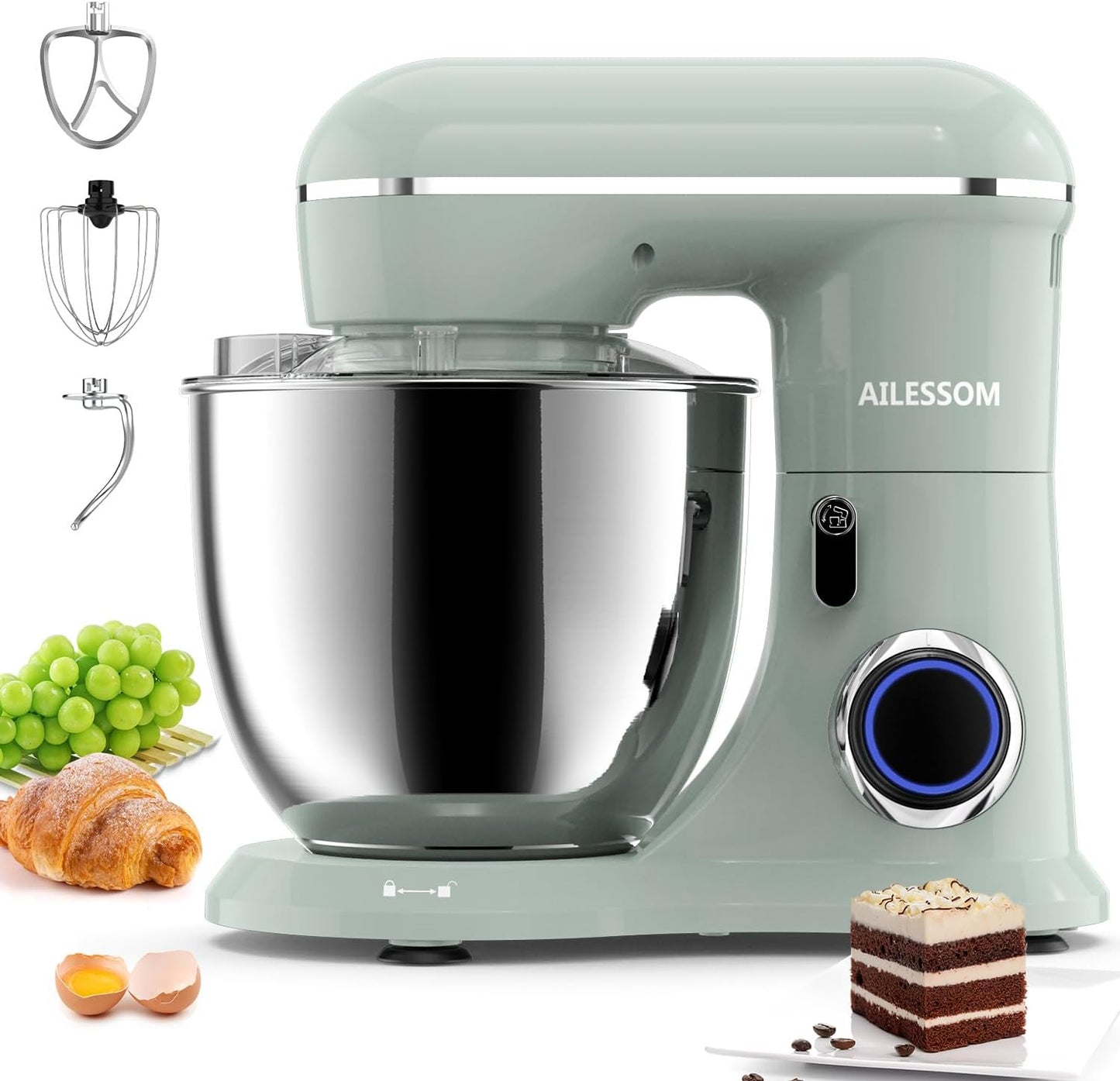 Ailessom Stand Mixer,6.5-QT 660W 10-Speed Tilt-Head Food Mixer, Kitchen Electric Mixer with Bowl, Dough Hook, Beater, Whisk for Most Home Cooks, (6.5QT, Morandi Green?…, 1533P