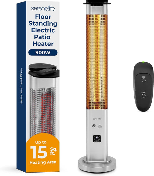 SereneLife Outdoor Electric Patio Heater - 900W Infrared Heater with Remote, Aluminum Reflector, Waterproof Design, IP65 Approved, Quiet Operation, Standing Porch Heater for Patio & Backyard