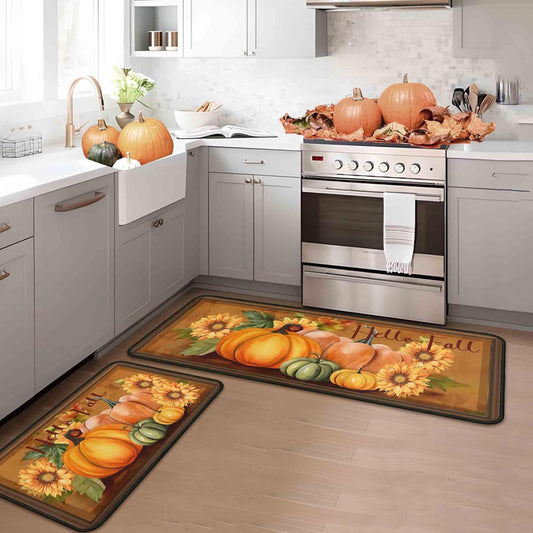 Noulmea Hello Fall Pumpkin Decorative Kitchen Rugs Set of 2,Thanksgiving Autumn Pumpkin Front Door Mat Floor Rug for Fall Home Holiday Party Decor 17"x47"+17"x30"