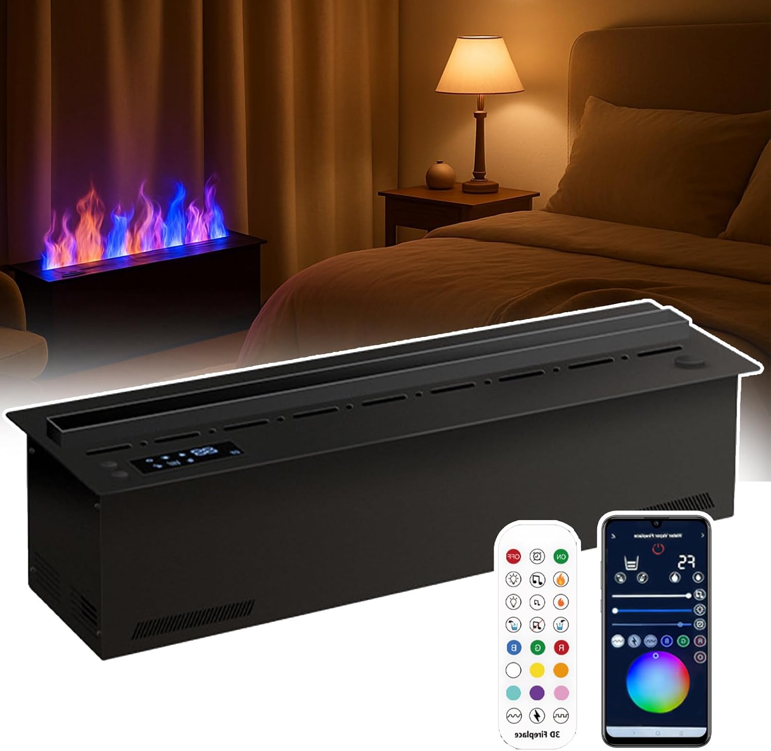 3D Water Vapor Fireplace, Automatic Water Fireplace,9 Color Adjustable Flame|3D Simulated Flame - Water Mist Touchable, Recessed Vapor Fireplace with Remote/App Control, for Home 50cm/19.6in