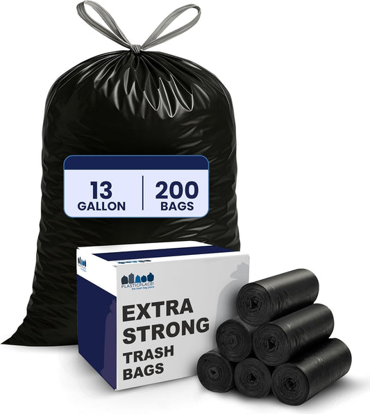 Plasticplace 13 gallon Extra Tall Drawstring Kitchen Trash Bags | Black 1.2 Mil, 24"W x 31"H (200Count)