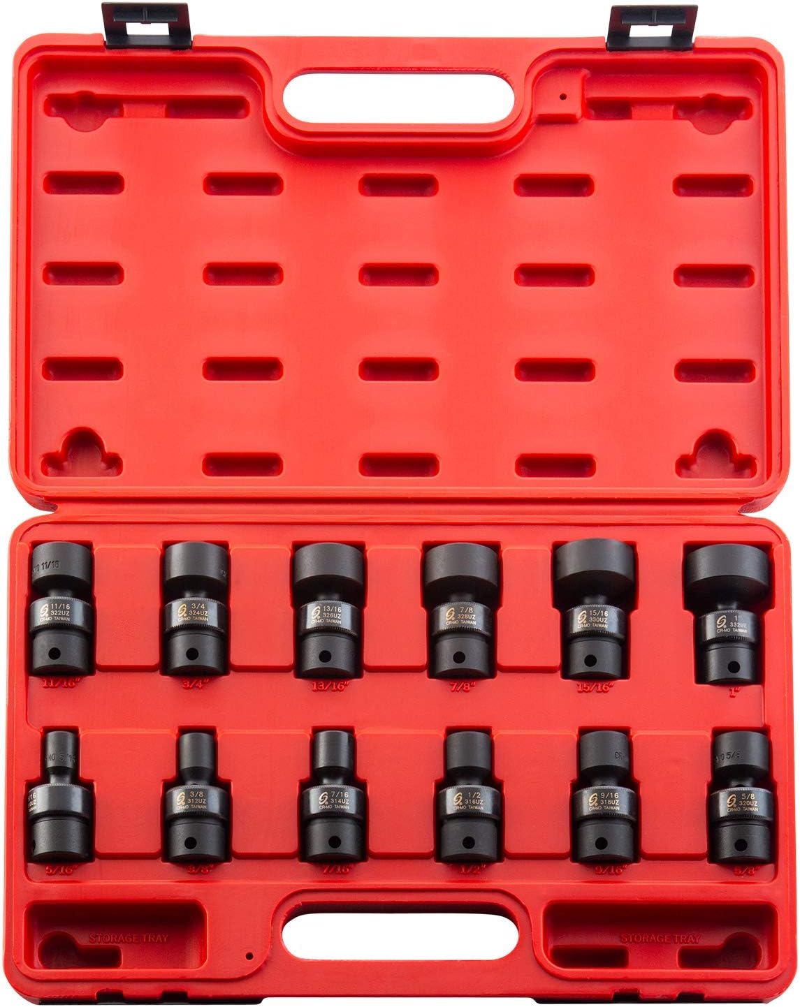 SUNEX TOOLS 3690, 3/8 Inch Drive Universal Impact Socket Set, 12-Point, 12-Piece, SAE, 5/16" - 1", Cr-Mo Alloy Steel, Radius Corner Design, Heavy Duty Storage Case