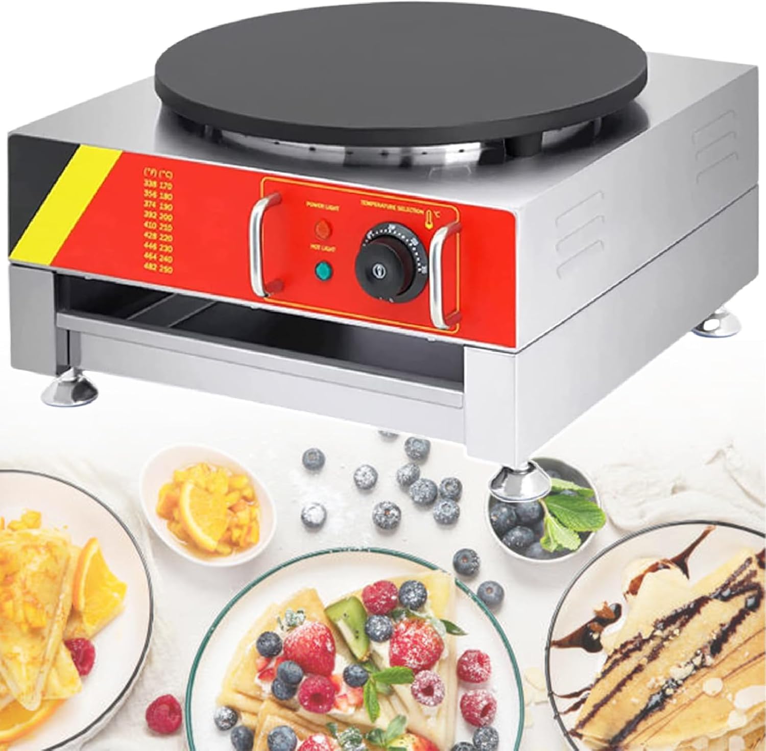 Commercial Electric Crepe Maker, 220V 16" Pancake Baking Machine, Electric Crepe Pan Single Hotplate Adjustable Temperature 50-300℃(122-572℉),220V