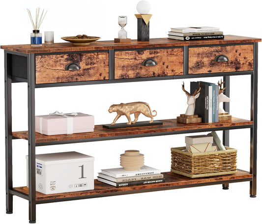 Furologee Long 47" Console Sofa Table with 3 Drawers, Entryway Table with 3-Tier Storage Shelves, Industrial Display Shelf for Entry Way, Hallway, Couch, Living Room, Kitchen, Foyer, Rustic Brown