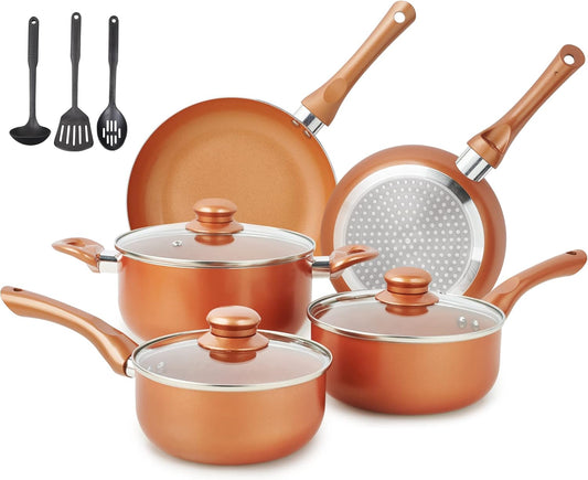 M MELENTA Pots and Pans Set Ultra Nonstick, Pre-Installed 11pcs Cookware Set Copper with Ceramic Coating, Stay cool handle & Nylon Kitchen Utensils, Gas\/Induction Compatible, 100% PFOA Free