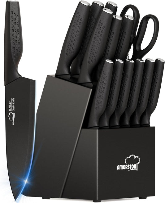 Knife Set, 15 Pieces Kitchen Knife Set with Block Built in Sharpener, Dishwasher Safe, German Stainless Steel Knife Block Set, Elegant Black