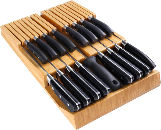 HHXRISE Knife Drawer Organizer, Bamboo In-Drawer Insert Knife Block Holds 16 Knives (Not Included) + Sharpener Slot, Detachable Washable Holder for Kitchen Knives Storage