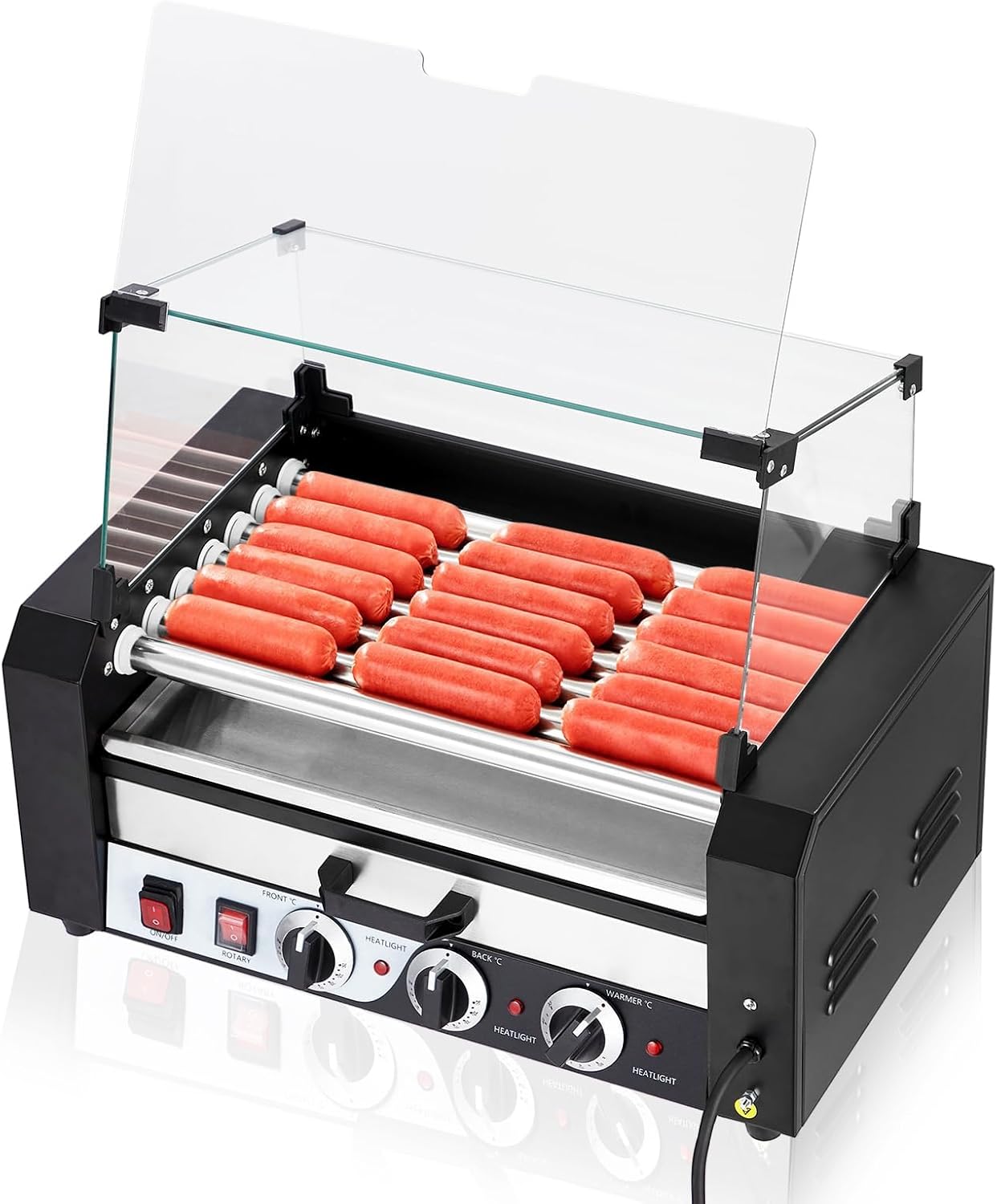 Hot Dog Roller, 7 Rollers and 18 Hot Dogs Capacity Hot Dog Grill Sausage Cooker with Warming Drawer & Glass Hood, Stainless Steel, Dual Temp Control for Commercial Household