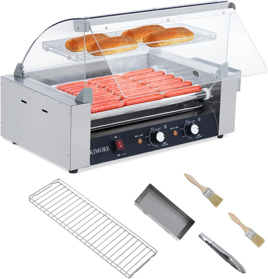 Hot Dog Roller, 18 Hot Dogs 7 Rollers Grill Cooker Machine with Removable Stainless Steel Drip Tray Stainless Steel with Cover, Dual Temp Control, Led Light, Perfect for Commercial and Party