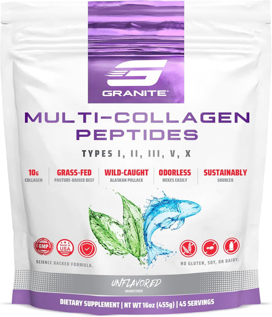 Granite Supplements Collagen Peptides Powder - Hair Skin and Nails Vitamins with Type I, II, III, V, X Hydrolyzed Collagen Peptides for Nail Growth, Bone, Mobility, & Joint Support (16oz)