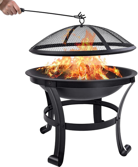 Outdoor Fire Pit,Metal Wood Burning Fire Bowl with Poker/Charcoal Grid/Mesh Cover,Garden Patio Heater Grill Camping Bonfire Dia: 56cm