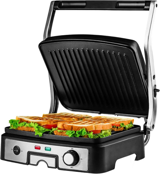 OVENTE Electric Panini Press Sandwich Maker, 1500W Indoor Grill with Non-Stick Coated Plates, Temperature Control & Removable Drip Tray, Opens 180 Degrees to Fit Any Type\/Size of Food, Silver GP1861BR