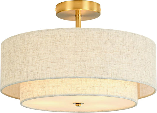 16" Semi Flush Mount Ceiling Light, 3-Light Gold Drum Ceiling Light Fixture with 2-Tier Fabric Linen Shade, Farmhouse Chandelier for Dining Room, Living Room, Bedroom, Kitchen, Hallway, Entryway