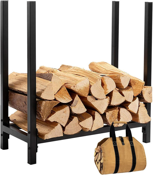 24 Inch Small Firewood Rack Indoor with Canvas Bags, Metal Frame, Firewood Storage Holder, Iron Fireplace Log Holder,
