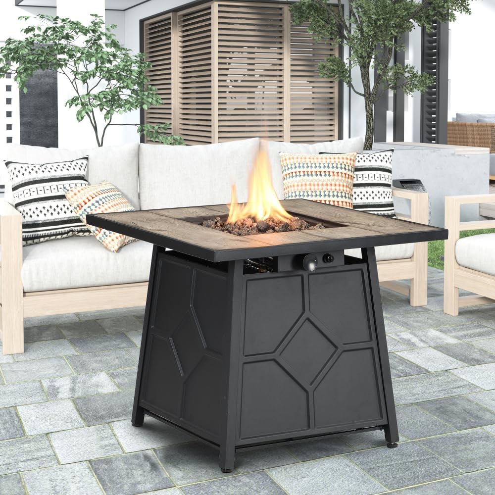 Outdoor Propane Fire Pit Table with Lava Rocks 40,000 BTU Auto-Ignition Square Patio Heater with Waterproof Cover for Backyard Garden (Grey + MDF+Iron)