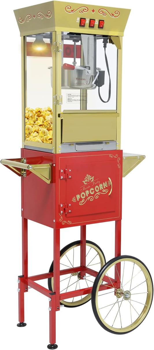 NUEFYR Vintage Commercial Popcorn Machine with Cart & Warmer Light - 12oz Stainless Steel Popper Makes 60 Cups for Home Theater and Parties, Red