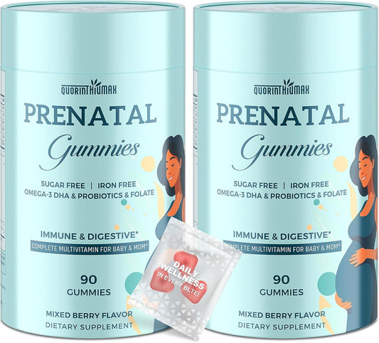 Quorinthiumax Prenatal Gummies Sugar Free 180 Count - Organics Prenatal Vitamins for Women with Folate, DHA & Probiotics - Iron Free Prenatal Vitamin Gummies for Immune & Digestive - 2 Bottles