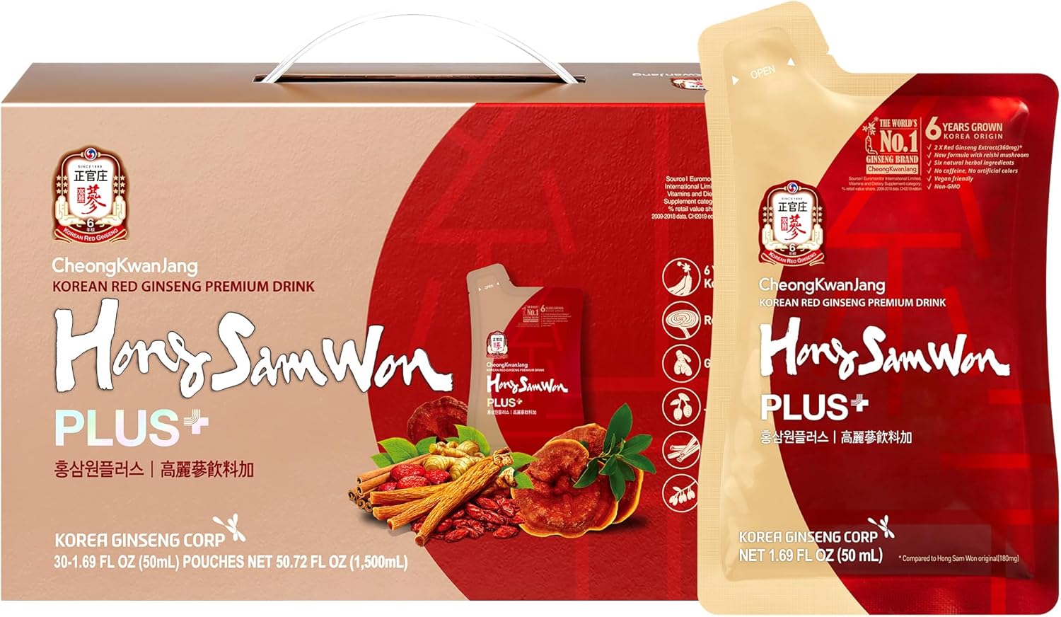 JUNG KWAN JANG US HongSamWon Plus - Korean Red Ginseng Tea, Pre and Post Workout Herbal Energy Drink with Jujube & Reishi Mushroom - Caffeine Free, Gluten Free, Non-GMO (30 Pouches, 1.69 fl oz)