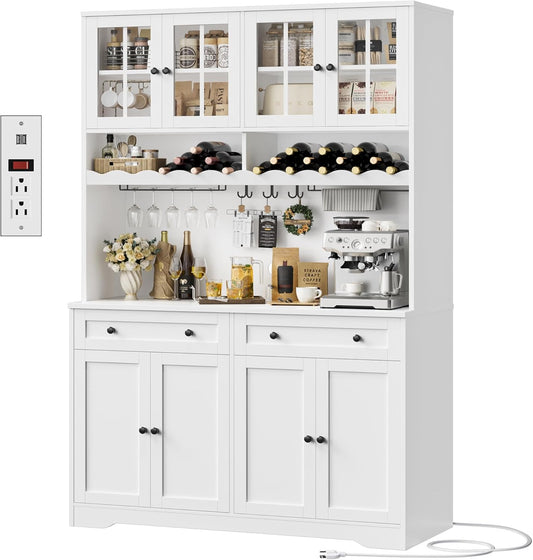 HOSTACK 75.4" Tall Kitchen Pantry Cabinet with Charging Station, Modern White Kitchen Hutch with Microwave Stand and Wine Racks, Large Food Pantry Storage Cabinet with Glass Doors and Drawers, White