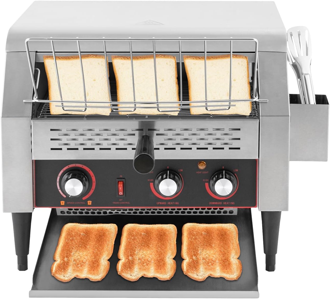 2400W Commercial Conveyor Toaster Stainless Steel Toaster with Upper and Lower Heating Tubes and Crumb Tray, 450 Slices/H Heavy Duty Countertop Electric Toaster for Bun Bagel Bread Silver 110V