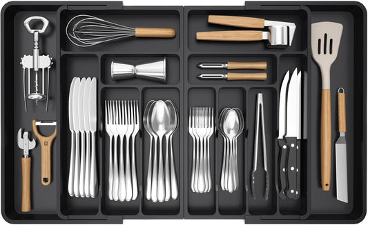 Lifewit Large Silverware Drawer Organizer, Expandable From 21 to 36 Inches, BPA Free Plastic Utensil Tray for Kitchen, Adjustable Flatware and Cutlery Holder for Spoons Forks Knives, Black