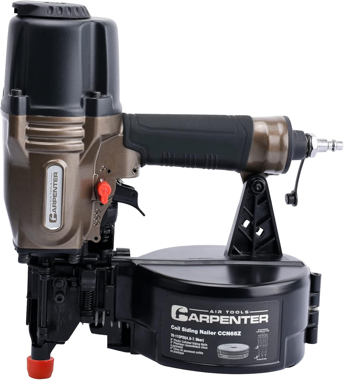 CCN65Z 0 Degree 1-1/2″ to 2-1/2″ Pneumatic Coil Siding Nailer with Tool-less Depth Adjustment, Drives plastic collated nails.