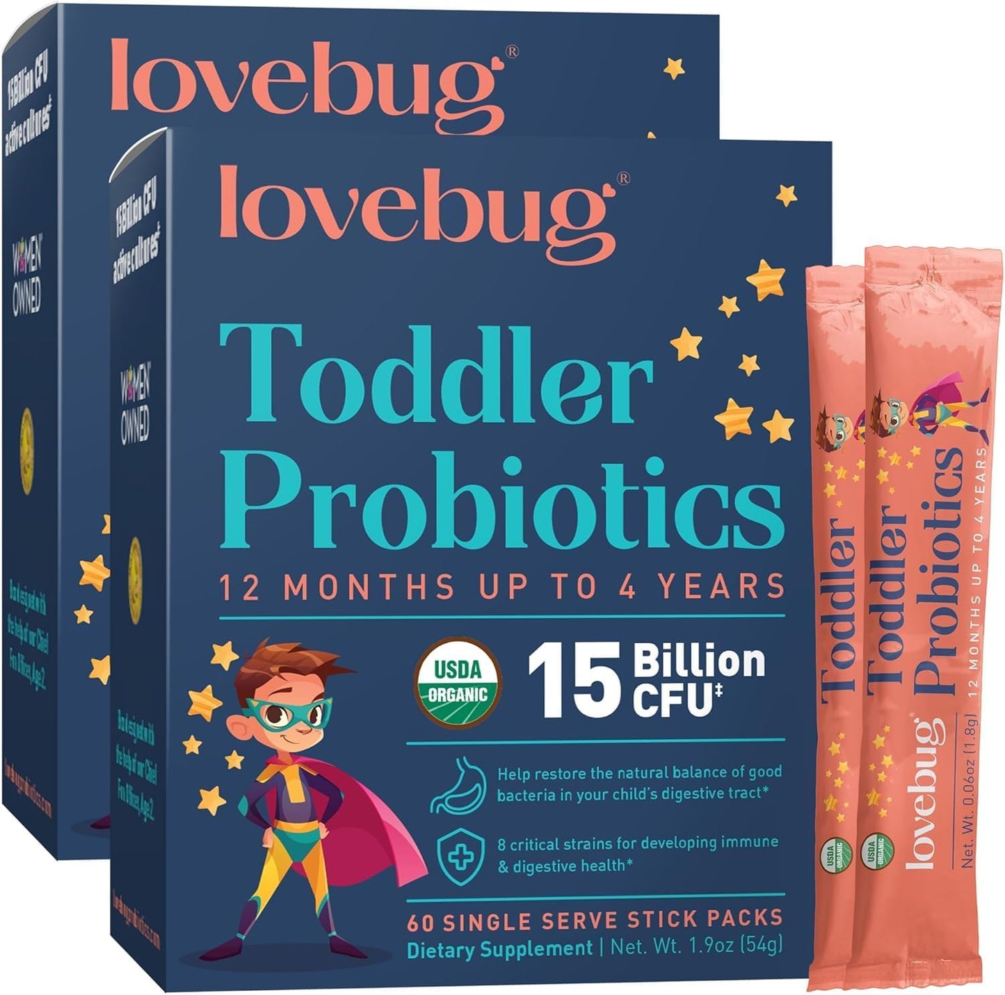 LOVEBUG Toddler Probiotics - Organic Probiotic for Kids & Toddler Constipation Relief, Stomach Discomfort and Softer Bowel Movements, Clear Dissolvable Powder, Ages 12 Months to 4 Year Olds - 60 Pack