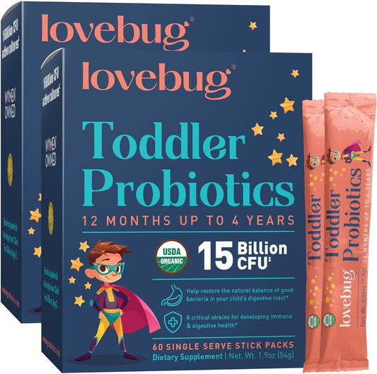 LOVEBUG Toddler Probiotics - Organic Probiotic for Kids & Toddler Constipation Relief, Stomach Discomfort and Softer Bowel Movements, Clear Dissolvable Powder, Ages 12 Months to 4 Year Olds - 60 Pack