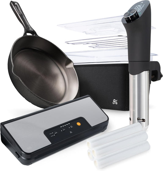 Greater Goods 10” Cast Iron Skillet with Sous Vide Bundle with Vacuum Sealer for Father's Day. Black.