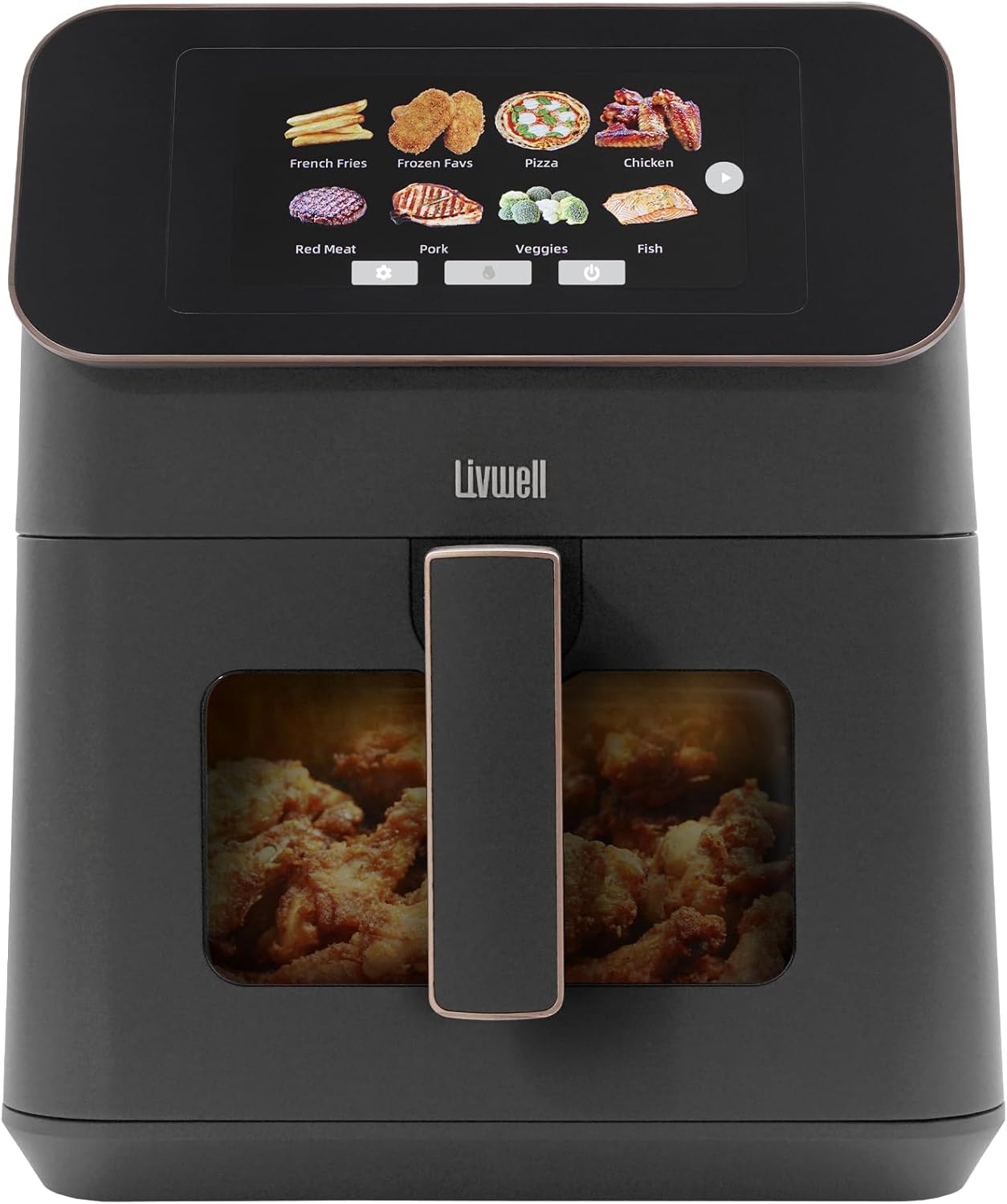 Livwell Touch IQ Matte Grey 7 Quart Air Fryer with High-Resolution Touch Screen, 200+ Recipes, 12 Food Categories, 3 Portion Sizes, PFAS-Free, and Multilingual for Cooking and Kitchen Gift