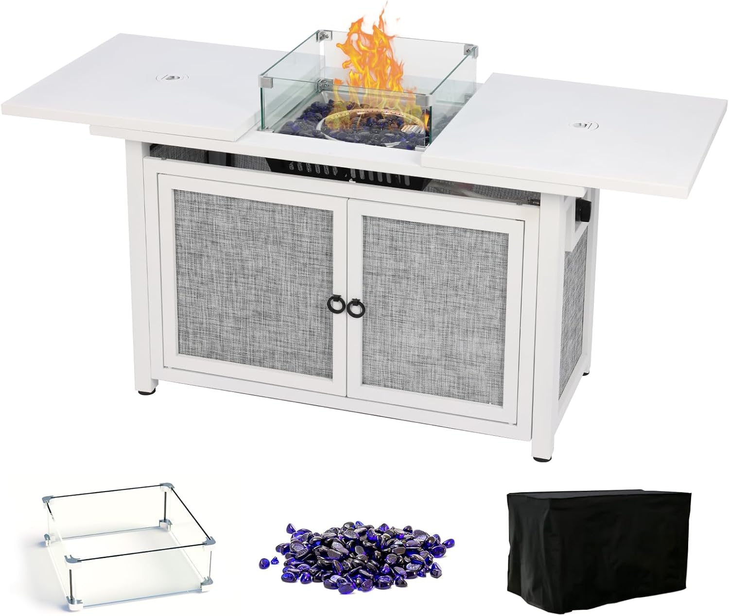 43-Inch Propane Fire Pit Table, 60,000 BTU Outdoor Gas Fire Pit with 2-Tier Storage Shelves, 304 Stainless Steel Burner, Wind Guard & Glass Rocks for Patio, Deck, Backyard