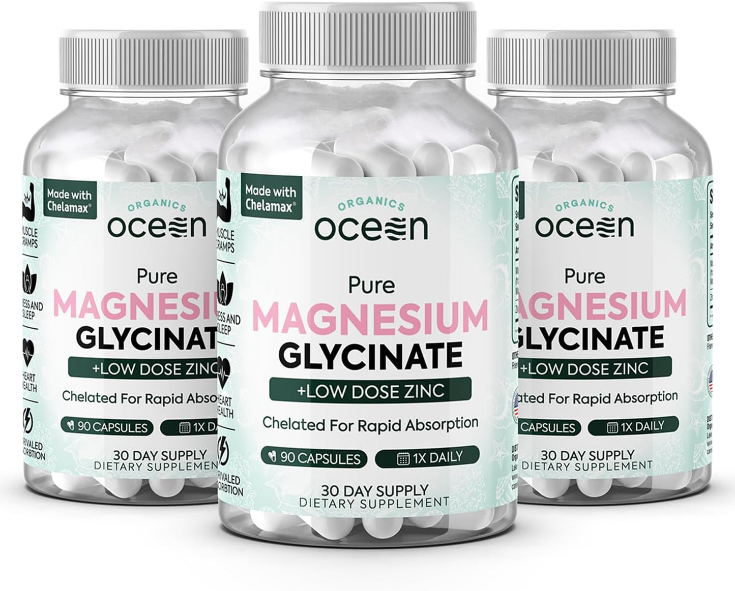 Organics Ocean Pure Magnesium Glycinate with Zinc - Maximum Strength Chelated Magnesium Supplement for Women and Men for Muscle Cramps and Sleep Support - 3 Bottles