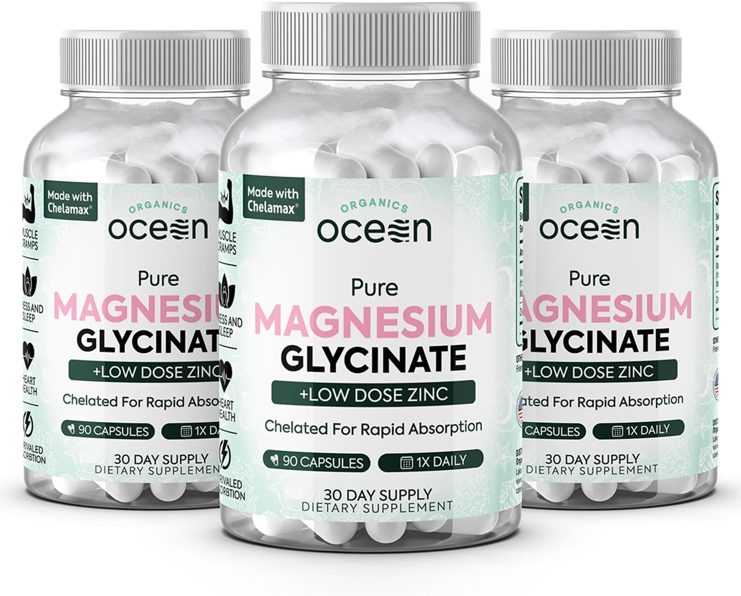Organics Ocean Pure Magnesium Glycinate with Zinc - Maximum Strength Chelated Magnesium Supplement for Women and Men for Muscle Cramps and Sleep Support - 3 Bottles