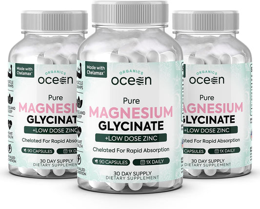 Organics Ocean Pure Magnesium Glycinate with Zinc - Maximum Strength Chelated Magnesium Supplement for Women and Men for Muscle Cramps and Sleep Support - 3 Bottles