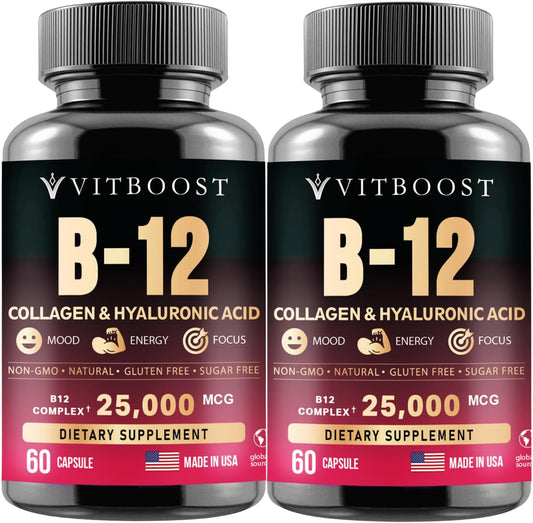 VITBOOST B12 Methylcobalamin with Hyaluronic Acid, Collagen, and Folate \u2013 25000 mcg Supplement Enhance Absorption & Boost Energy | Gluten-Free, Made in USA, B1, B2, B3, B6, B7 Complex - Pack of 2