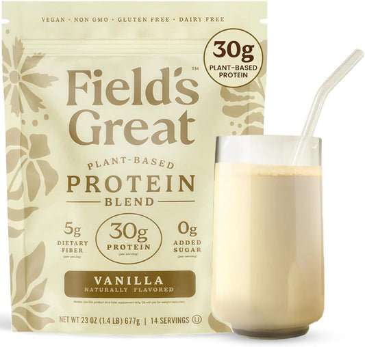 Field's Great Vanilla Pea Protein Powder \u2013 30g Vegan Protein + 5g Fiber, Sugar Free, Chromium Picolinate \u2013 2-in-1 Appetite & Gut Support \u2013 Gluten-Free, Dairy-Free, Non-GMO, No Whey \u2013 23oz