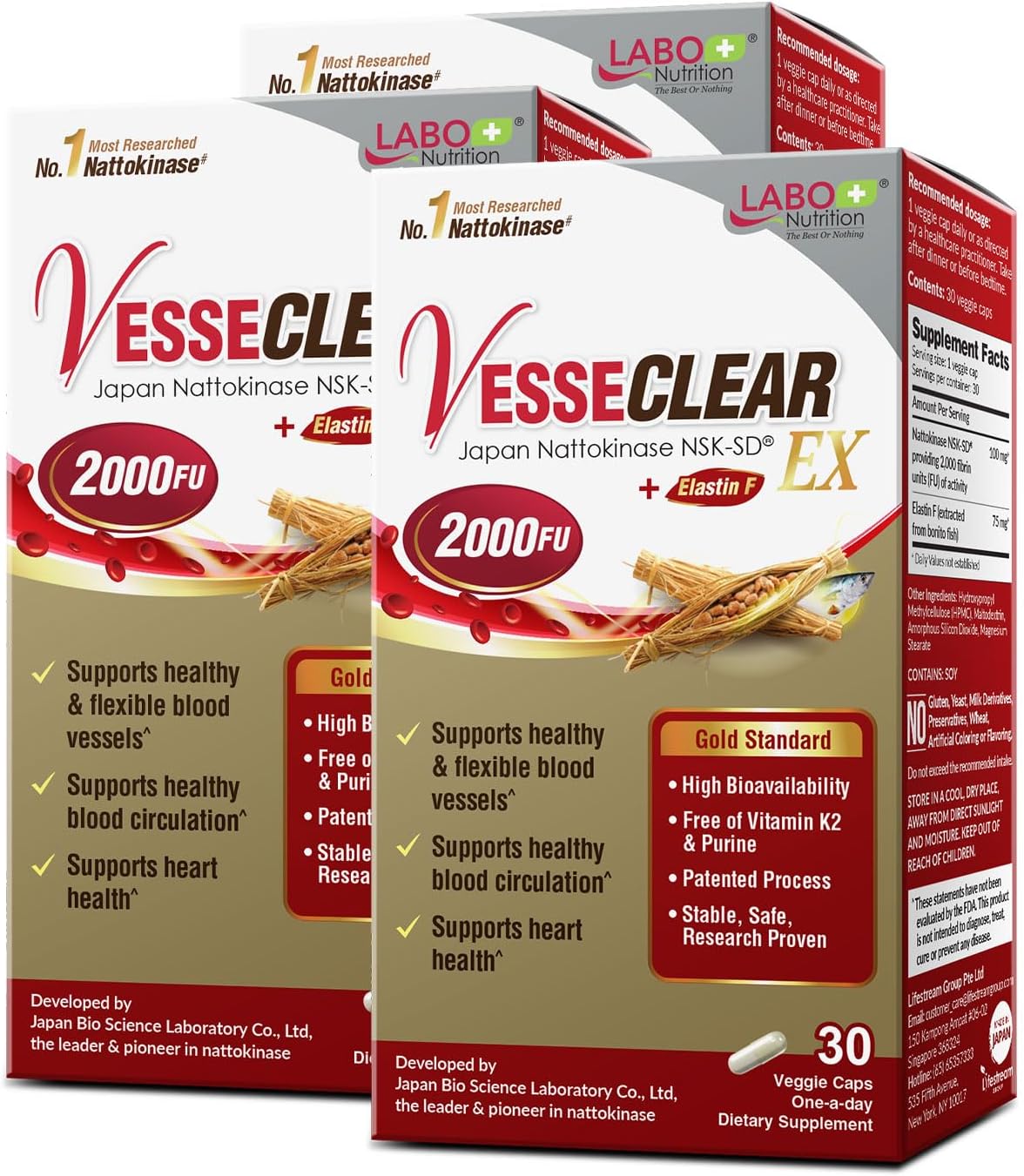 LABO Nutrition VesseCLEAR EX: Nattokinase NSK-SD+Elastin F for Clean & Flexible Blood Vessel. Japan's Most Clinically Studied, Functional Dose, Acid-Resistant\/Delayed Release Capsules, 90 Count
