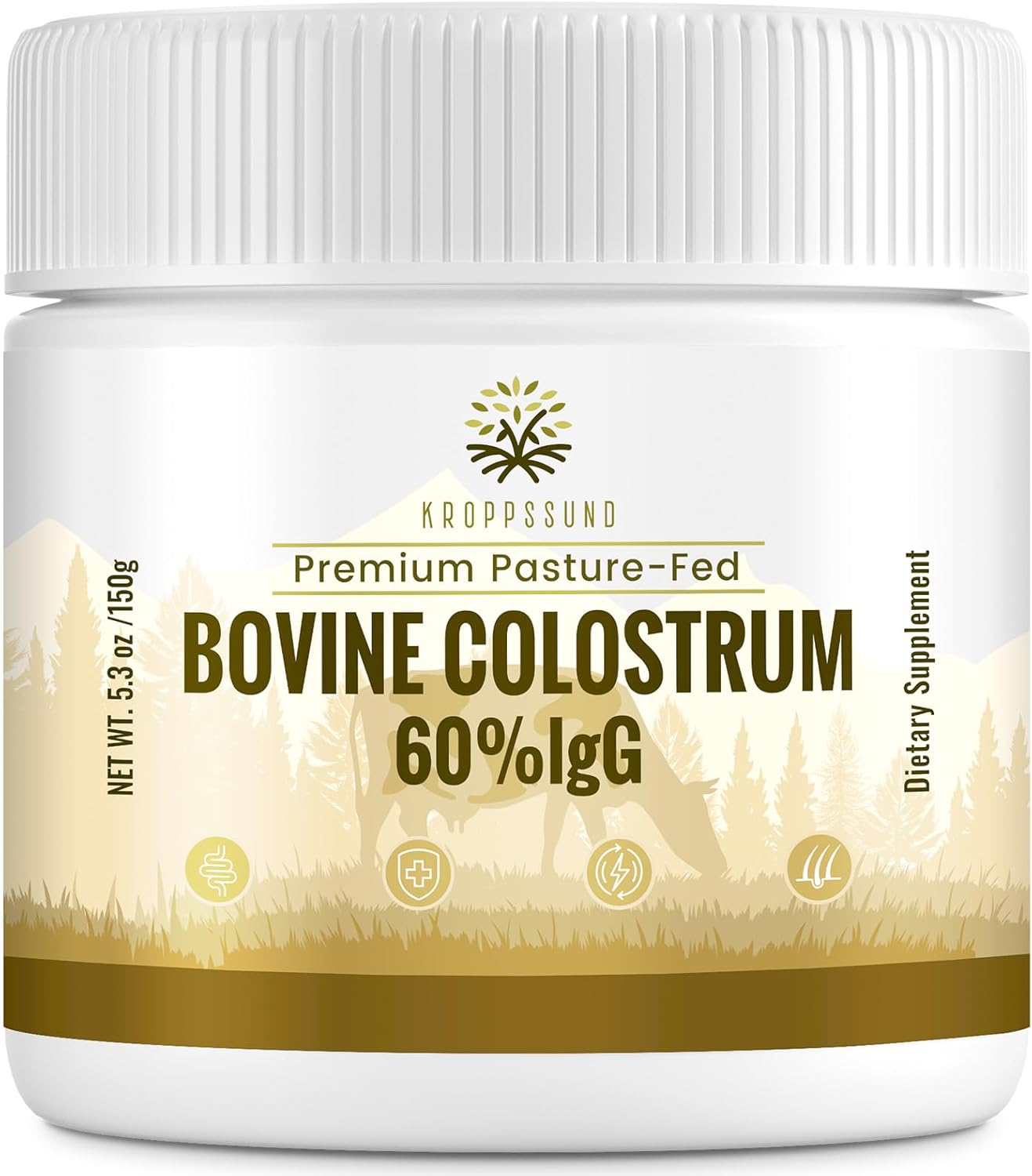 Kroppssund Bovine Colostrum Powder Supplement 3000 mg - Extra High 60% IgG Bovine Colostrum - Gut, Bone, Exercise, Immune - 50 Servings (1 Bottle)