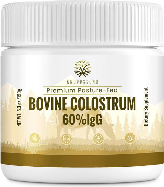 Kroppssund Bovine Colostrum Powder Supplement 3000 mg - Extra High 60% IgG Bovine Colostrum - Gut, Bone, Exercise, Immune - 50 Servings (1 Bottle)