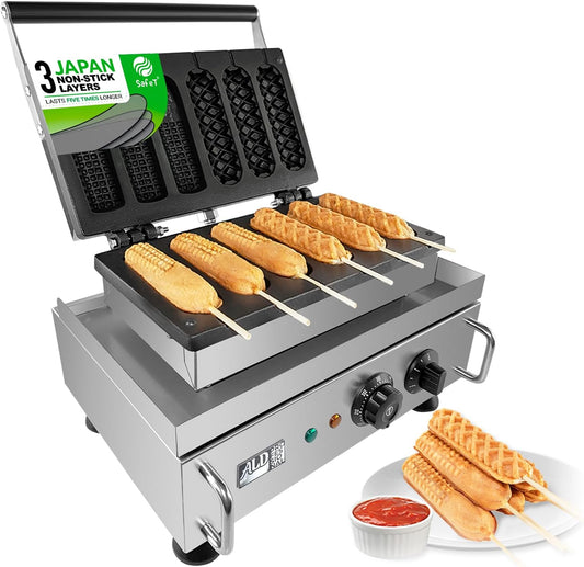 ALDKitchen Corn Dog Maker | Hotdog Waffle Iron | Nonstick (3 Corn Dogs + 3 Hot Dogs)