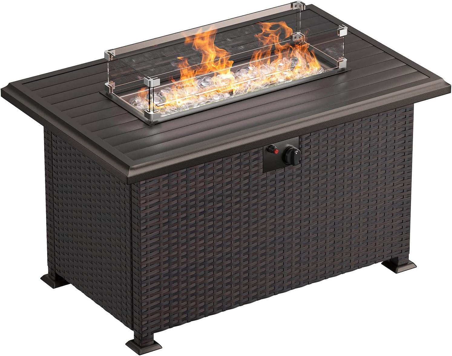 RTDTD Propane Fire Pit 43 Inch Outdoor Fire Pit Table, 55,000 BTU Wicker fire Table with Lid and Waterproof Table Cover,Clear Glass Rock, Rail Tank Holder