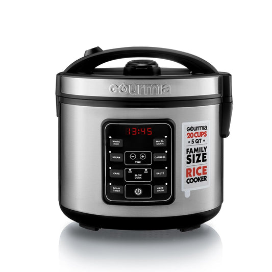 Gourmia Rice Cooker \u2013 5 Qt Capacity, 20 Cup Cooked, 10 Cup Uncooked, Digital Controls, 6 Cooking Presets, Grain Cooker & Steamer, Nonstick Pot, Steam Tray, Delay Timer, Keep Warm, Stainless Steel