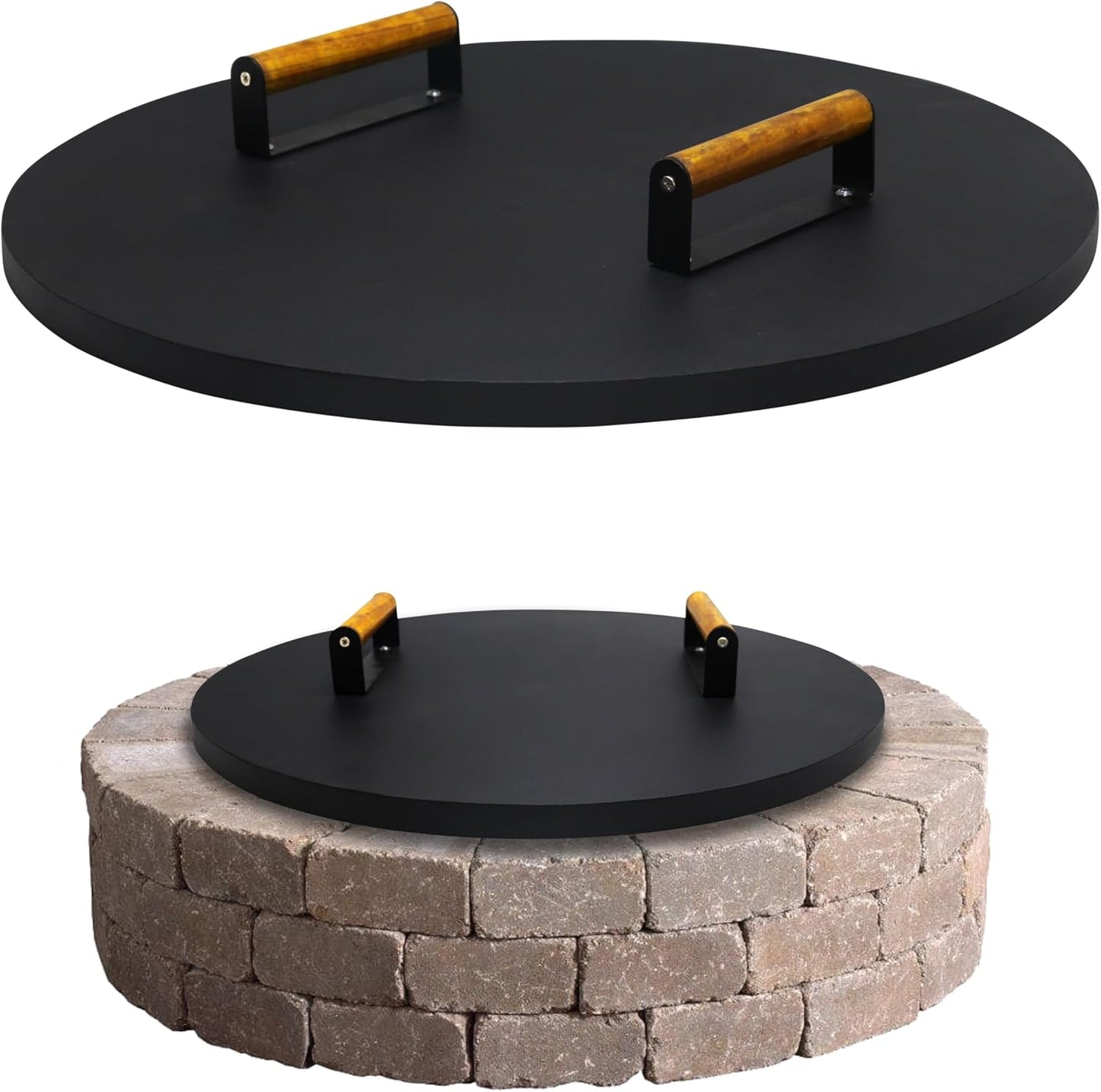 22” Round Fire Pit Lid – Heat Resistant fire pit cover round metal for Outdoor Fireplace 16 Gauge Steel Flat Fire Pit Burner Pan Cover with 2 Wooden Handles Snuffer Lid for Round Patio Fire Pit Ring